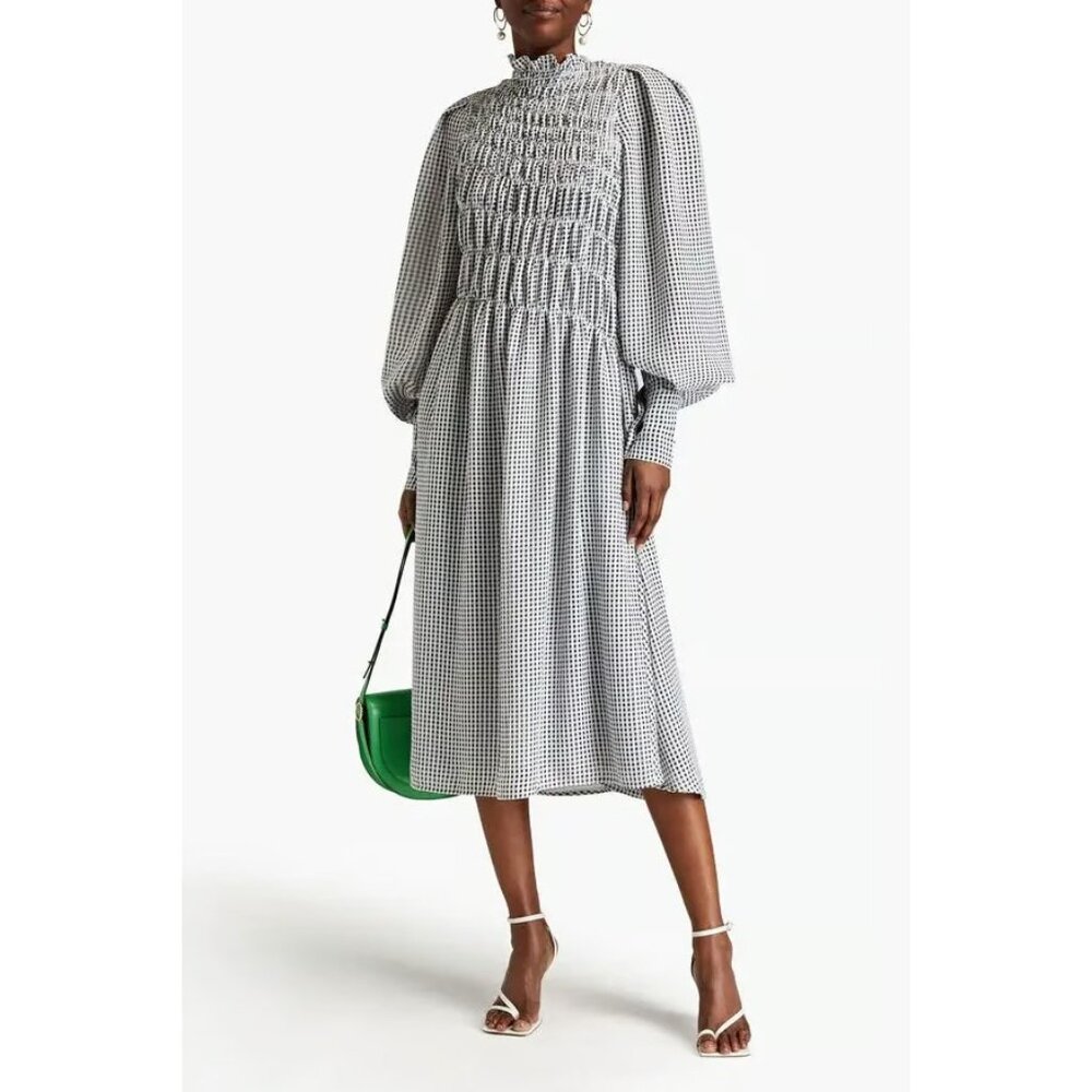 Victoria Beckham White Black Gingham Plaid Shirred Dress $2380, Size 4